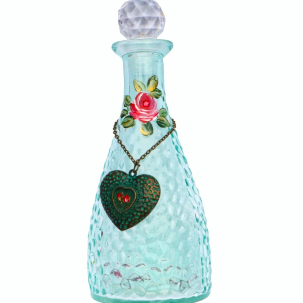 NWT Large Blue Perfume Bottle with Stopper Cap Painted Roses Heart Charm Gift